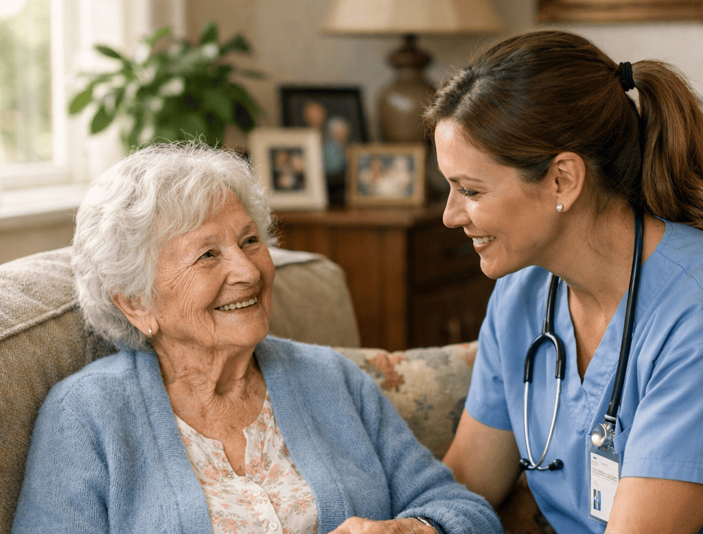 anziana seduta sul divano di casa sua che viene assistita da un'assistente sanitaria