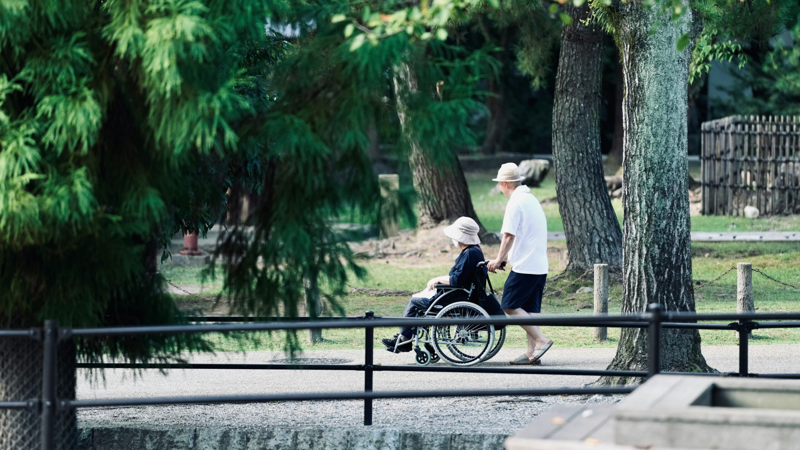 Persona che accompagna una signora in carrozzina